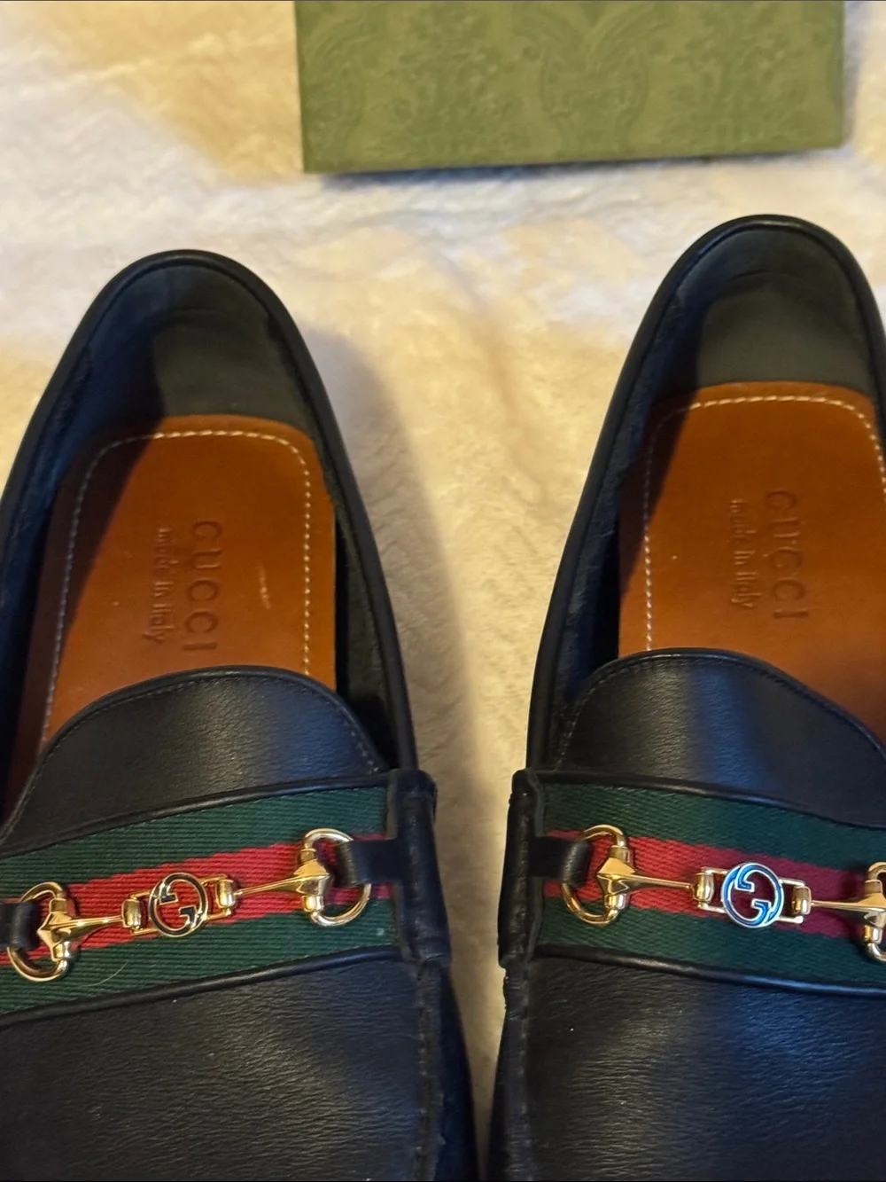 Gucci Black Leather Men’s Horsebit Drivers with Green-Red Web